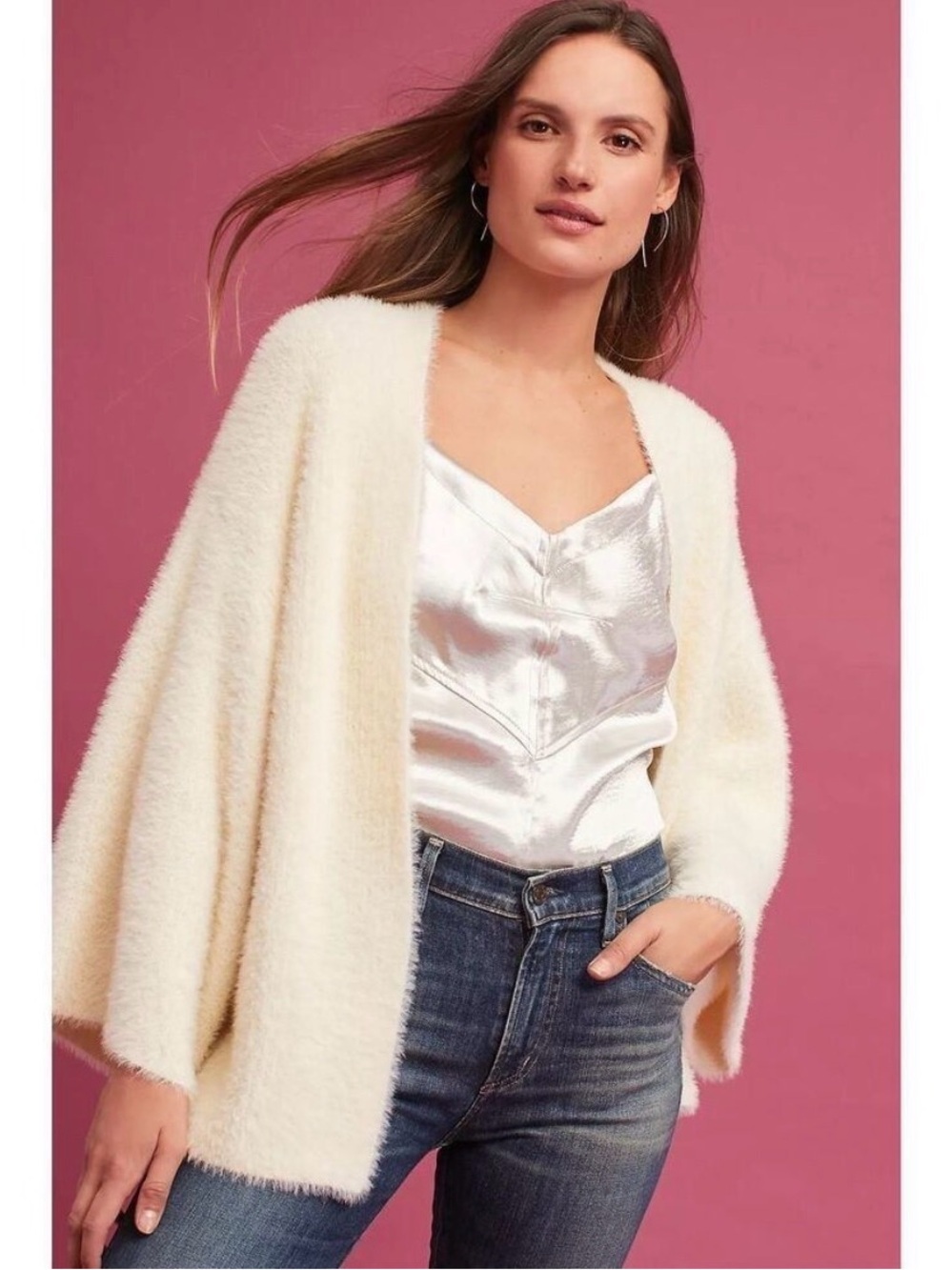 Anthropologie Sleeping on Snow Cream Eyelash Sweater: Open Front